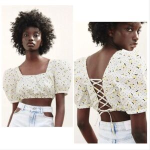 Zara Dot Floral Print Balloon Sleeve Crop Top with Lace-Up Back - M